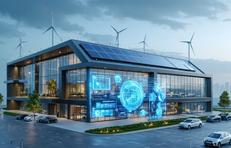 Modern commercial building with integrated solar panels and energy-efficient design, highlighting renewable energy solutions such as solar panels and energy management systems.