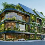 "A futuristic commercial building showcasing green roofing, solar panels, and a living wall, symbolizing sustainable practices and smart technologies in property management."