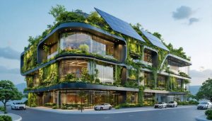 "A futuristic commercial building showcasing green roofing, solar panels, and a living wall, symbolizing sustainable practices and smart technologies in property management."