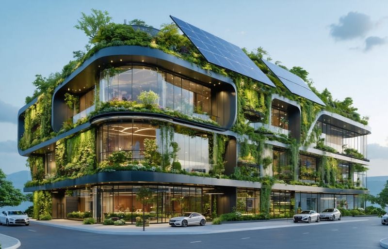 "A futuristic commercial building showcasing green roofing, solar panels, and a living wall, symbolizing sustainable practices and smart technologies in property management."