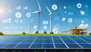 Construction site with solar panels and wind turbines highlighting financial benefits from state renewable energy incentives.