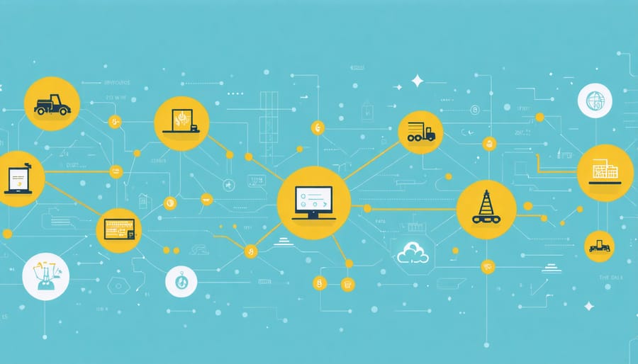 Visual diagram of five supply chain components: planning, procurement, operations, logistics, and information systems