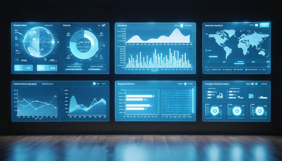 Computer screen displaying real-time supply chain management software with charts and metrics