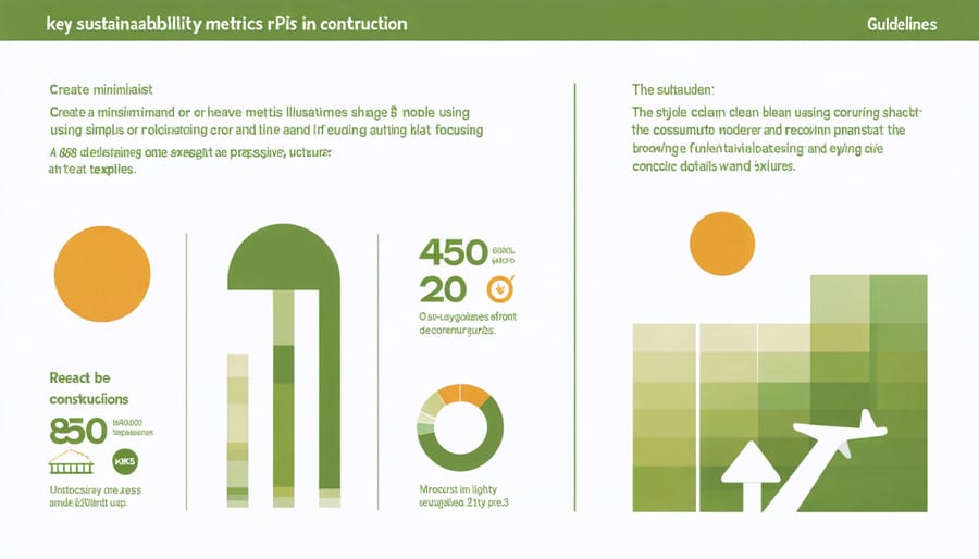 Visual dashboard displaying construction sustainability metrics including energy efficiency, waste reduction, and resource utilization