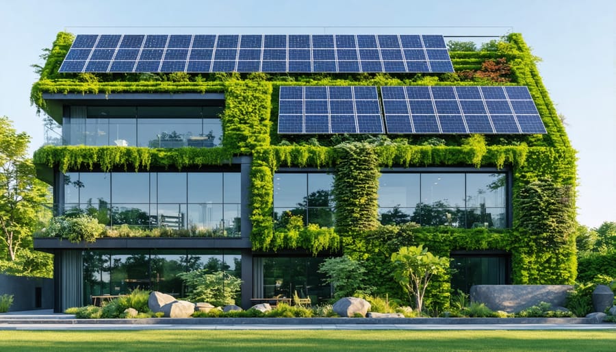 Modern sustainable building construction with integrated green technologies