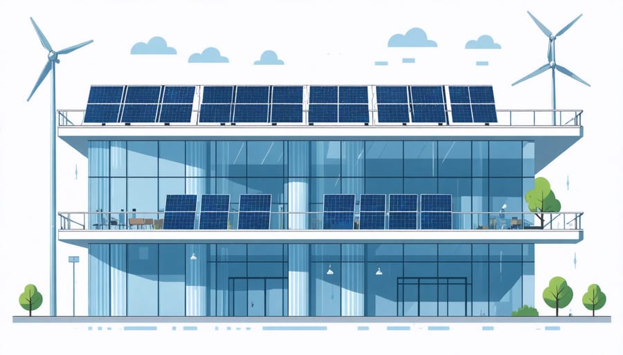 Architectural rendering of a sustainable commercial building with renewable energy systems