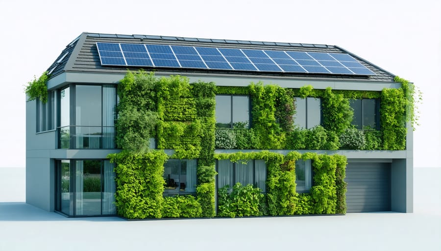 Sustainable commercial building featuring solar panels and vertical garden integration