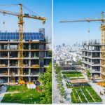 Visual representation of a construction site displaying traditional and sustainable building methods side by side, with cranes, steel structures, green spaces, and solar panels illustrating the shift towards environmentally responsible practices.