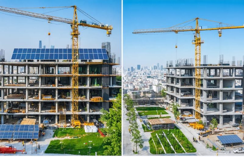 Visual representation of a construction site displaying traditional and sustainable building methods side by side, with cranes, steel structures, green spaces, and solar panels illustrating the shift towards environmentally responsible practices.