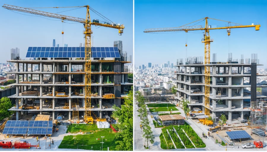 Visual representation of a construction site displaying traditional and sustainable building methods side by side, with cranes, steel structures, green spaces, and solar panels illustrating the shift towards environmentally responsible practices.