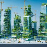 Futuristic construction site featuring modern skyscrapers with solar panels and living walls, showcasing sustainable building practices with workers sorting recyclable materials.