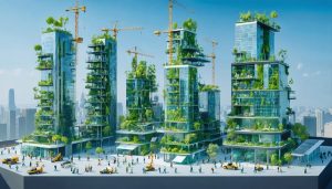 Futuristic construction site featuring modern skyscrapers with solar panels and living walls, showcasing sustainable building practices with workers sorting recyclable materials.