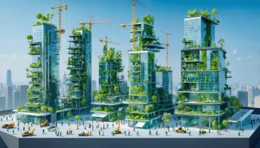 Futuristic construction site featuring modern skyscrapers with solar panels and living walls, showcasing sustainable building practices with workers sorting recyclable materials.