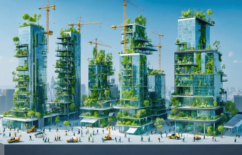 Futuristic construction site featuring modern skyscrapers with solar panels and living walls, showcasing sustainable building practices with workers sorting recyclable materials.