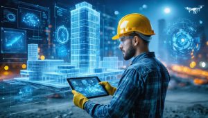 Futuristic construction site with worker using a tablet to view a holographic 3D building model, surrounded by digital tools like drones and IoT sensors, representing the integration of advanced technology in the industry.