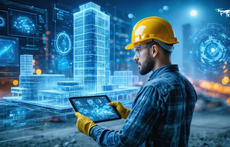 Futuristic construction site with worker using a tablet to view a holographic 3D building model, surrounded by digital tools like drones and IoT sensors, representing the integration of advanced technology in the industry.