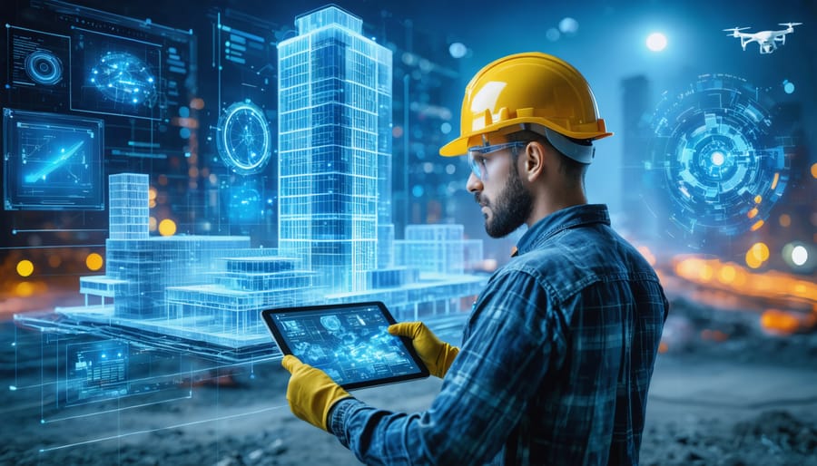 Futuristic construction site with worker using a tablet to view a holographic 3D building model, surrounded by digital tools like drones and IoT sensors, representing the integration of advanced technology in the industry.