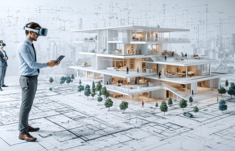 Illustration showing the transition from traditional 2D blueprints to advanced 3D Building Information Modeling, with construction professionals using virtual reality technology to visualize and interact with digital building models.