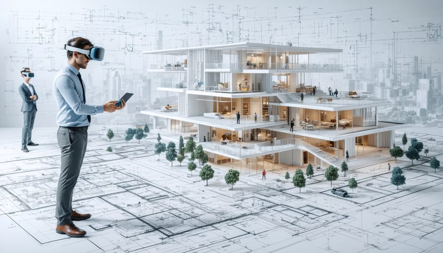 Illustration showing the transition from traditional 2D blueprints to advanced 3D Building Information Modeling, with construction professionals using virtual reality technology to visualize and interact with digital building models.