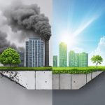 Conceptual depiction of a building transitioning from smoke-laden traditional concrete production to eco-friendly low-carbon concrete, highlighting industrial byproducts like slag and fly ash.