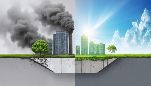 Conceptual depiction of a building transitioning from smoke-laden traditional concrete production to eco-friendly low-carbon concrete, highlighting industrial byproducts like slag and fly ash.