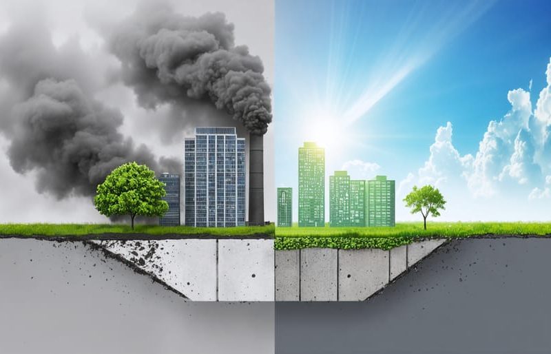 Conceptual depiction of a building transitioning from smoke-laden traditional concrete production to eco-friendly low-carbon concrete, highlighting industrial byproducts like slag and fly ash.