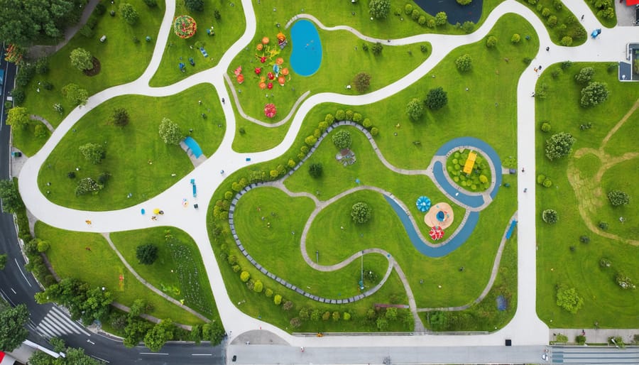 Bird's eye view of a green urban park with visible water management systems and walking paths