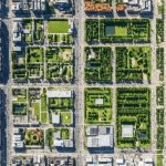 Aerial view of an urban district with a split-screen comparison showing before and after revitalization. The before side depicts aging infrastructure and sparse greenery, while the after side features modern buildings, lush green areas, and bustling activity.