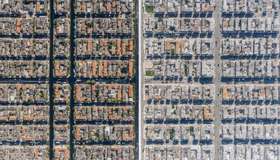 Side-by-side comparison of an urban district before and after revitalization, showing improved infrastructure and green spaces