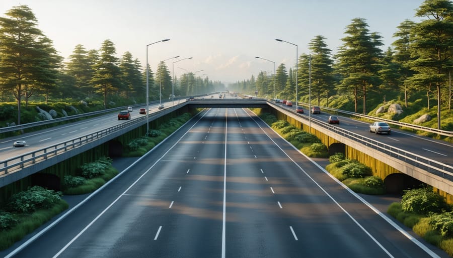 Green-covered wildlife overpass connecting two urban forest areas across a major road