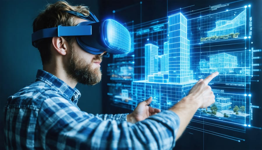 Engineer using virtual reality technology to identify construction conflicts in a 3D building model