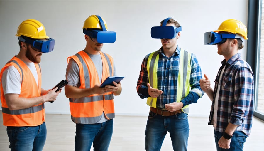 Construction team members participating in virtual reality training session for new technology