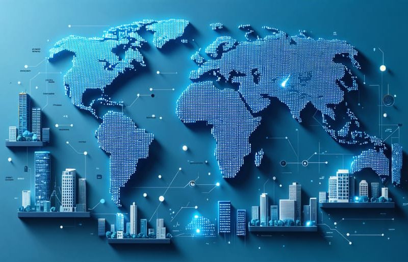 A globe with property data points and icons for commercial, residential, and industrial sectors, symbolizing global real estate intelligence.