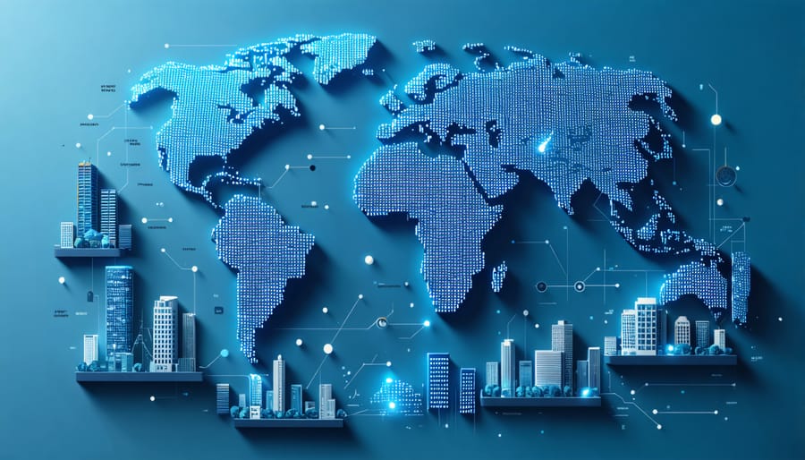 A globe with property data points and icons for commercial, residential, and industrial sectors, symbolizing global real estate intelligence.