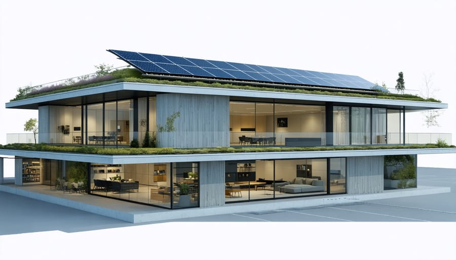 3D visualization of a net-zero energy building design highlighting sustainable features