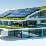 Conceptual illustration of a futuristic zero energy building equipped with solar panels, a green roof, and smart windows, highlighting sustainable architecture and advanced construction technologies.