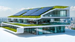 Conceptual illustration of a futuristic zero energy building equipped with solar panels, a green roof, and smart windows, highlighting sustainable architecture and advanced construction technologies.