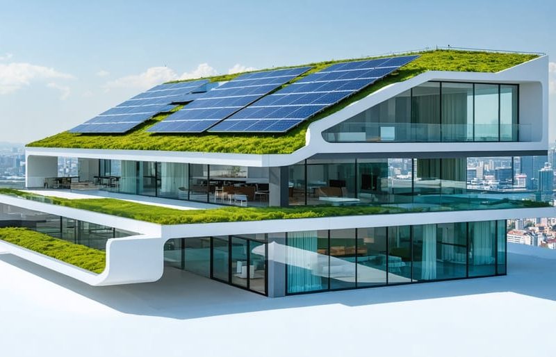 Conceptual illustration of a futuristic zero energy building equipped with solar panels, a green roof, and smart windows, highlighting sustainable architecture and advanced construction technologies.