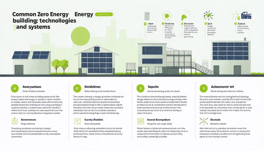 Illustrated diagram of key zero energy building features including solar panels, geothermal systems, and smart controls