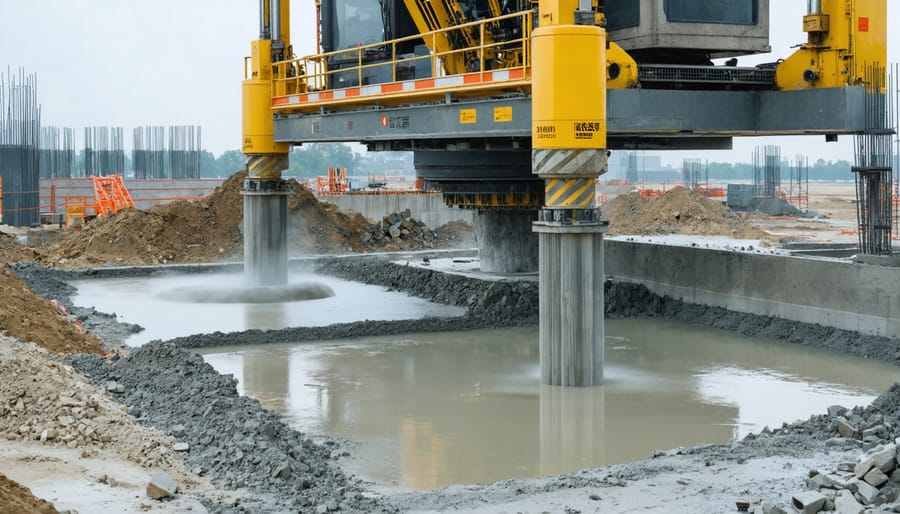 Industrial 3D concrete printer creating walls of a building structure