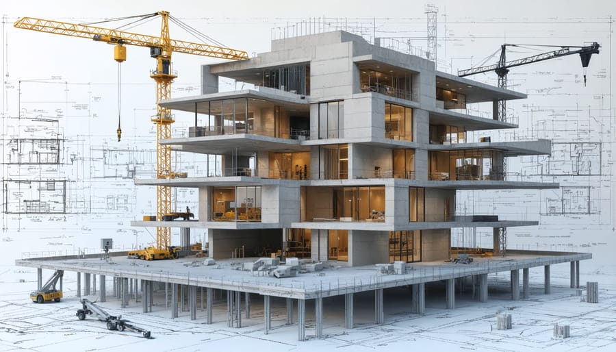 Futuristic construction site with a large 3D concrete printer building a residential structure, surrounded by digital design blueprints and modern architecture elements, highlighting the technological advancements in construction.