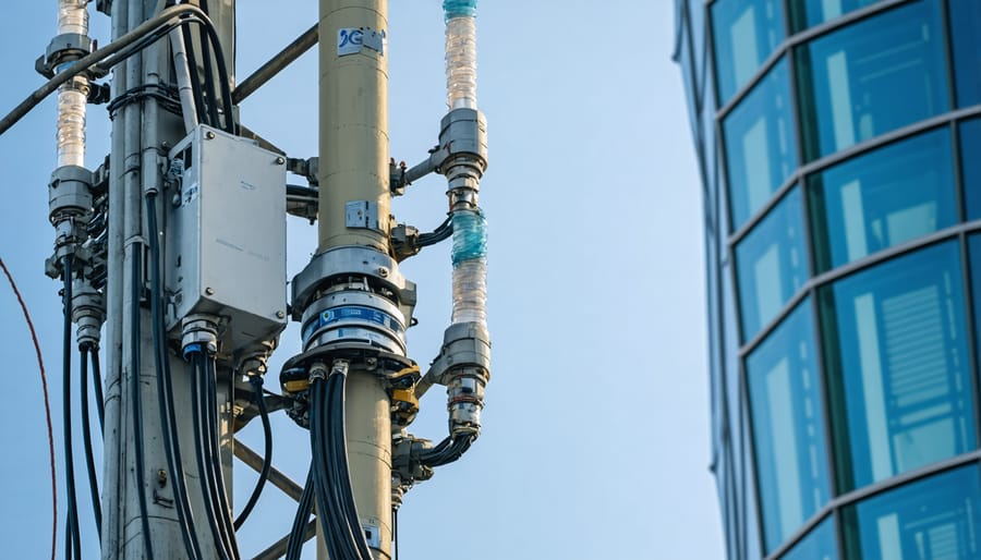 5G antenna tower and fiber optic cable installation crew working in city environment