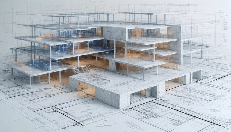 Digital representation of AI-powered construction planning with floating data visualizations and project timelines