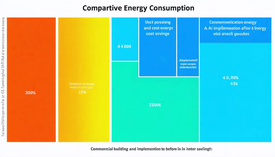 Bar chart comparing building energy costs pre and post AI implementation with 30% reduction highlighted