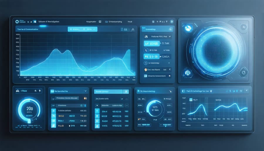 Interactive digital dashboard displaying machine learning-driven HVAC controls with performance metrics and temperature zones