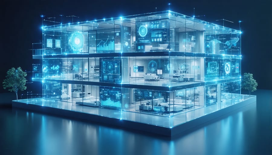 A futuristic smart building with transparent exterior revealing IoT devices and energy-efficient systems inside, surrounded by digital data graphs and AI analytics highlighting energy savings.