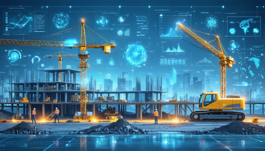 A futuristic construction site featuring cranes and workers, overlaid with holographic data visualizations including graphs and neural networks, representing AI integration in construction procurement.