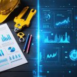 Comparison image illustrating the transition from traditional maintenance log book to modern AI predictive maintenance dashboard, highlighting technological advancement in construction equipment management.