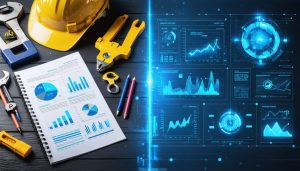 Comparison image illustrating the transition from traditional maintenance log book to modern AI predictive maintenance dashboard, highlighting technological advancement in construction equipment management.