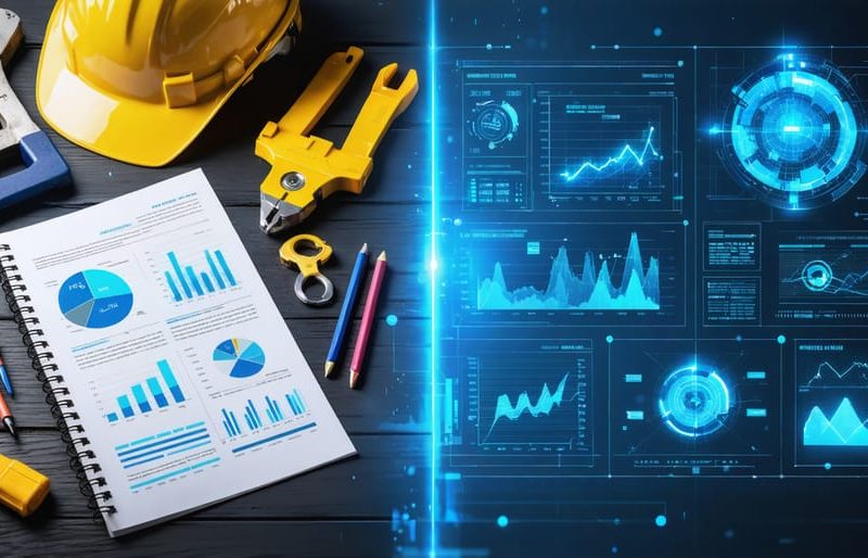 Comparison image illustrating the transition from traditional maintenance log book to modern AI predictive maintenance dashboard, highlighting technological advancement in construction equipment management.